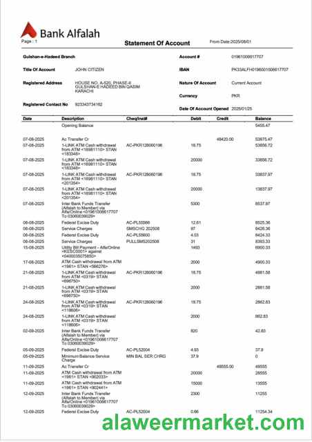 Pakistan Bank Alfalah statement of account Word and PDF template